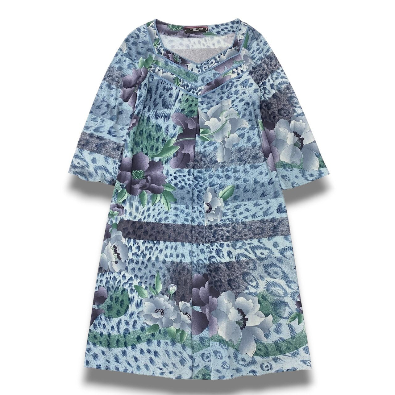 59c19 LEONARD FASHION レオナール 花柄ワンピース 膝丈 七分袖
