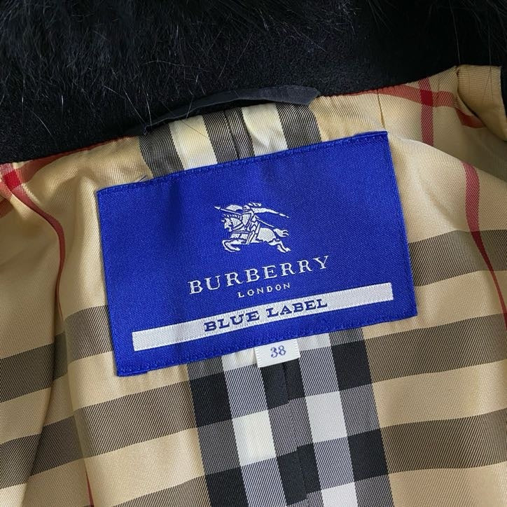 4i4 BURBERRY BLUE LABEL バーバリー ブルーレーベル ファー付き ウールコート ノバチェック 38 ブラック アウター