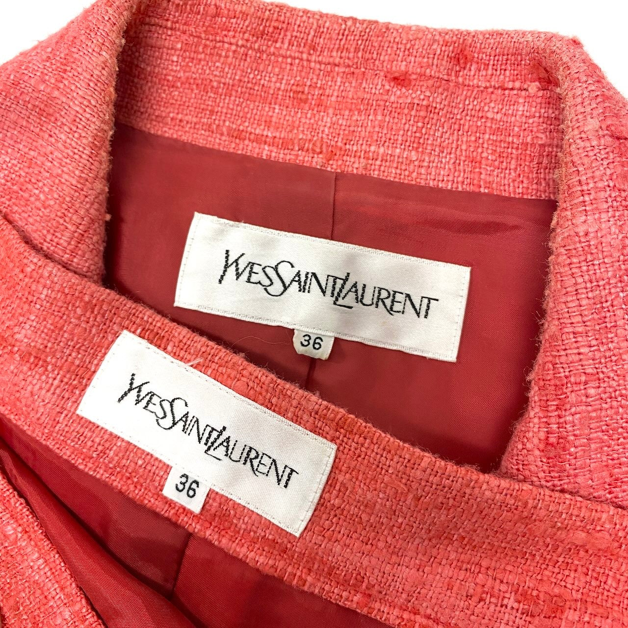 Ed23 YVES SAINTLAURENT イヴサンローラン セットアップ スカートスーツ ツイードジャケット 膝丈スカート サイズ36 ピンク系 シルク100％ レディース 女性服u02t