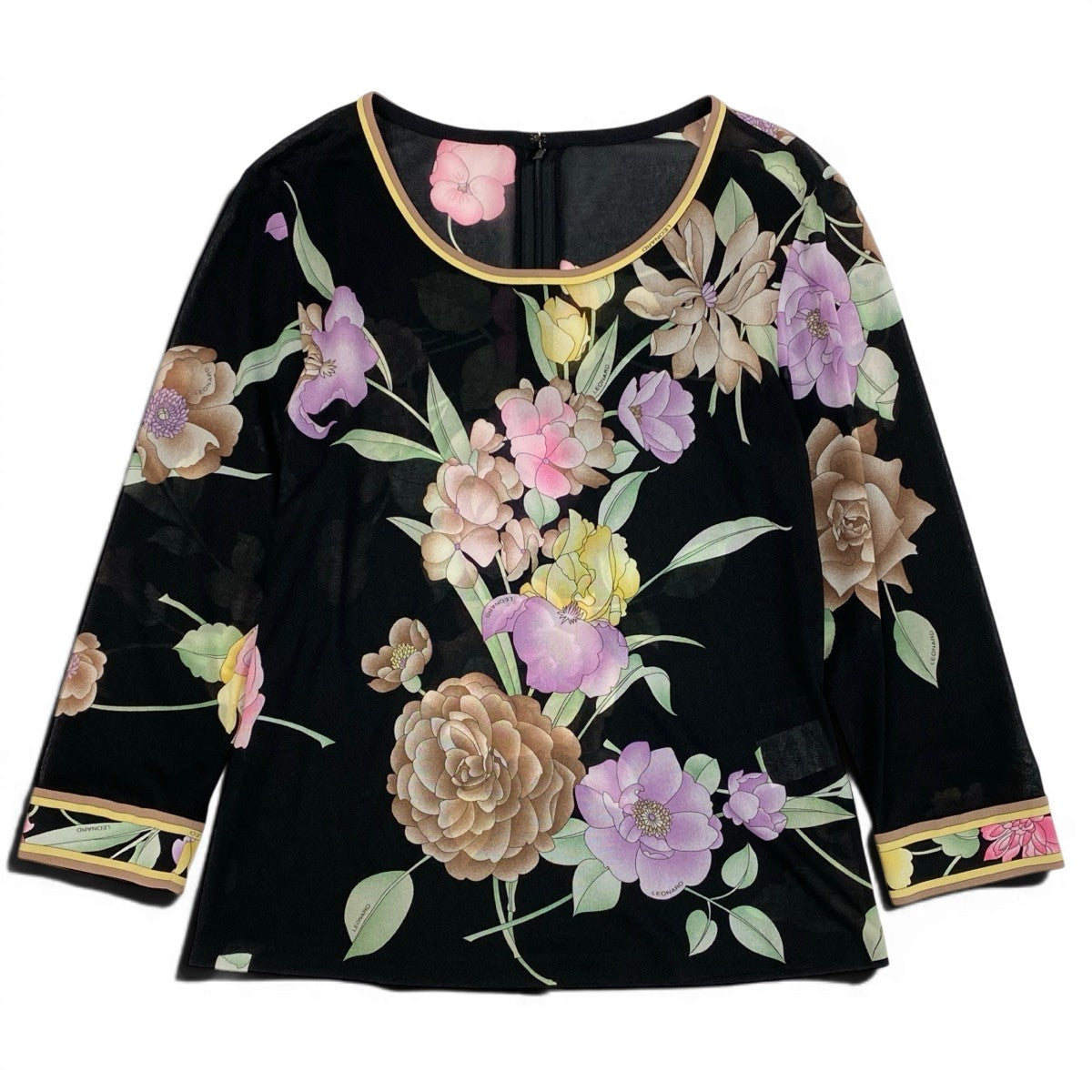 75f10 【美品】 LEONARD FASHION レオナール 七分袖 シアーカットソー 美しい花柄プリント カンカン素材 サイズL ブラック レディース 女性服u02t
