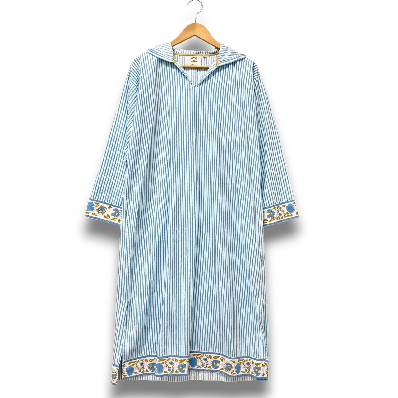 75b26 Ron Herman×SZ Blockprints ロンハーマン SZブロックプリント フーディーロングスリーブワンピース ロングワンピース ストライプ 3510300579 Sサイズ ホワイト ブルー コットン100％ レディース 女性用u02t