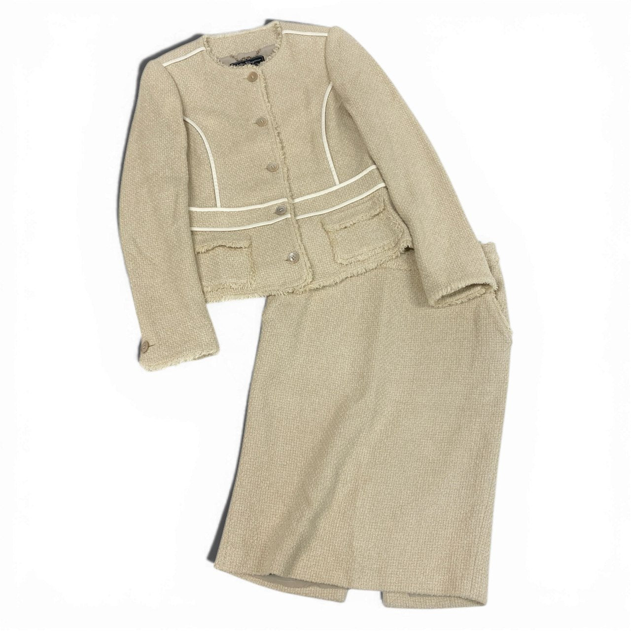 Ec10 Salvatore Ferragamo サルヴァトーレフェラガモ スカートセットアップ ツイードジャケット セレモニースーツ フォーマル レディース イタリア製 42 ライトベージュk02i