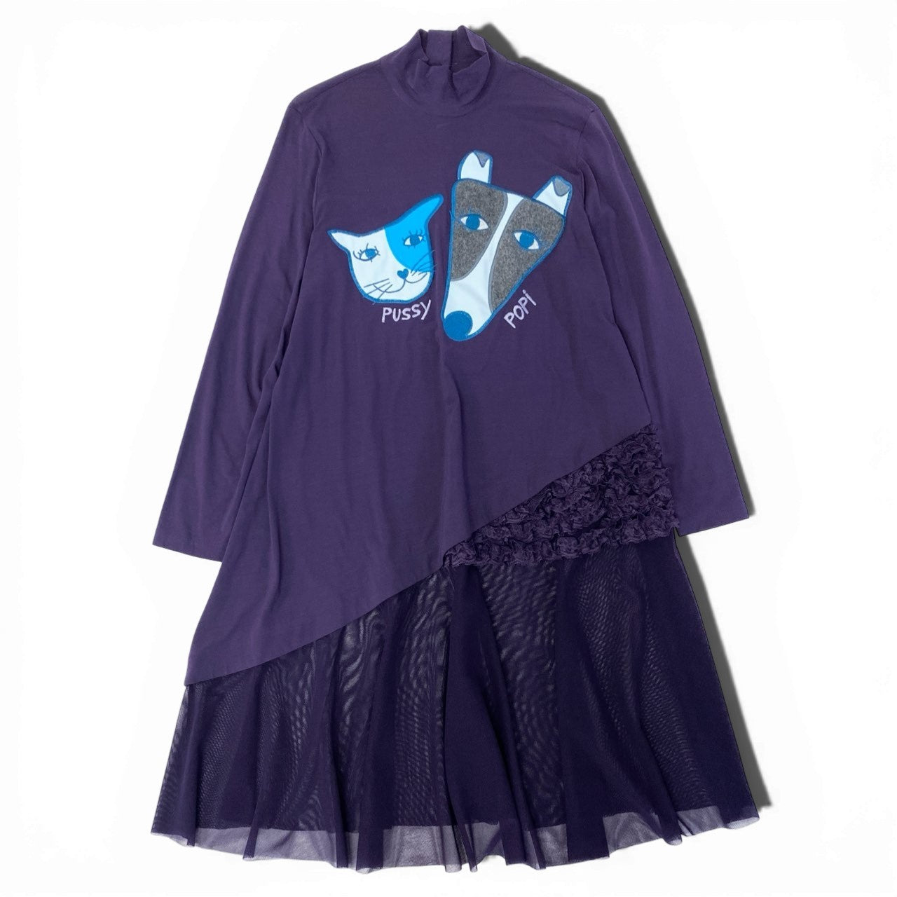 80c9 TOKUKO 1er VOL トクコプルミエヴォル モックネック 長袖ワンピース ストレッチ アニマル刺繍 異素材切替 レース レディース 女性服 サイズ9 パープルu02t