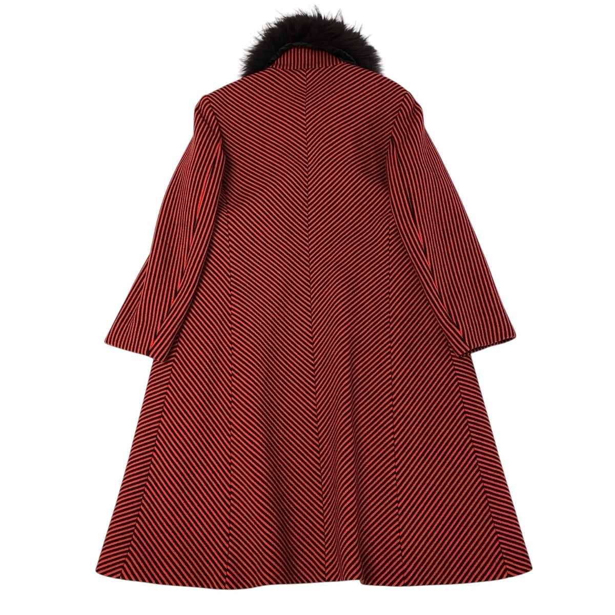 Ej23 【美品】 VERSUS VERSACE ヴェルサス ヴェルサーチ ファー付 スタンドカラーコート ストライプ柄 サイズ26/40 レッド ブラック レディースo07t