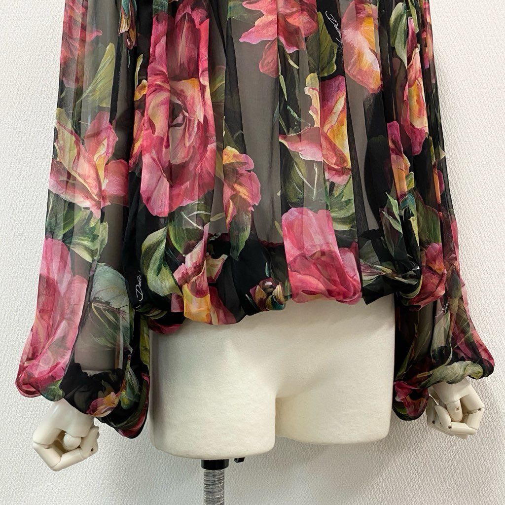4f7 【美品】 DOLCE&GABBANA ドルチェ＆ガッバーナ シルク100％ 花柄シアーブラウス パフスリーブ ローズプリント サイズ36 マルチカラー レディース ブラウス
