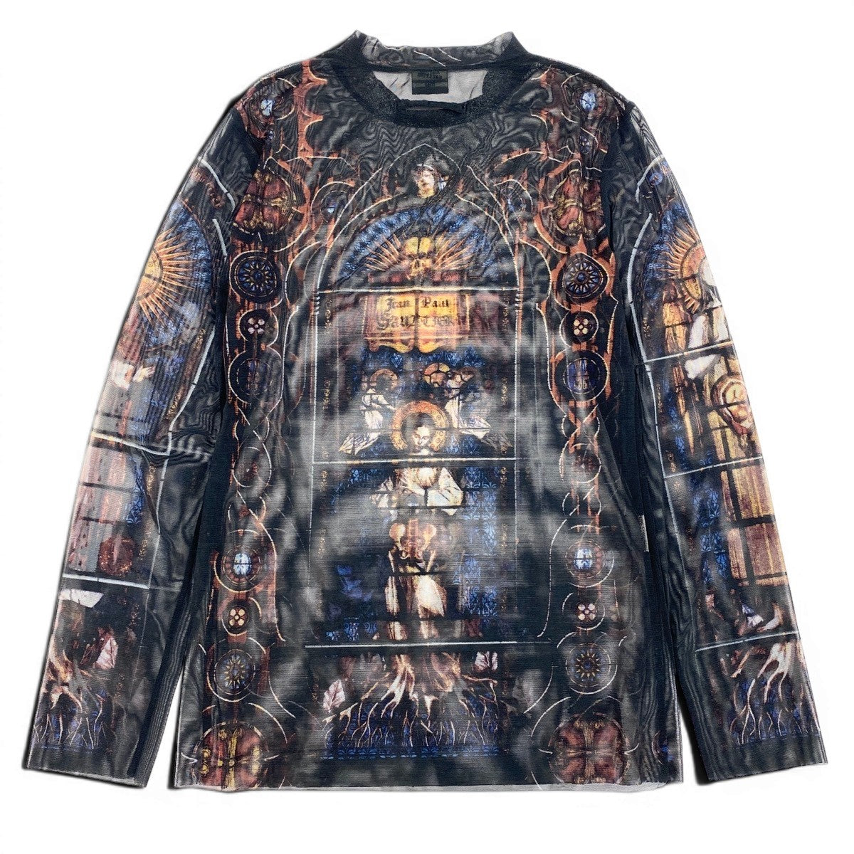 Ae14 Jean Paul GAULTIER FEMME ジャンポールゴルチエ パワーネット メッシュトップス ロングスリーブ カットソー 総柄 ブラック レディース 女性服k02i