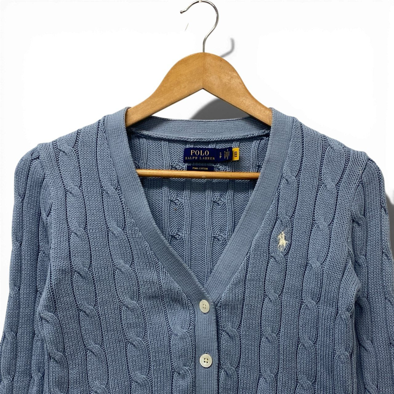 60b10 POLO RALPH LAUREN ポロラルフローレン ケーブルカーディガン ニットセーター トップス 胸元ロゴ刺繍 Sサイズ ブルー コットン100％ レディース 女性用u02t