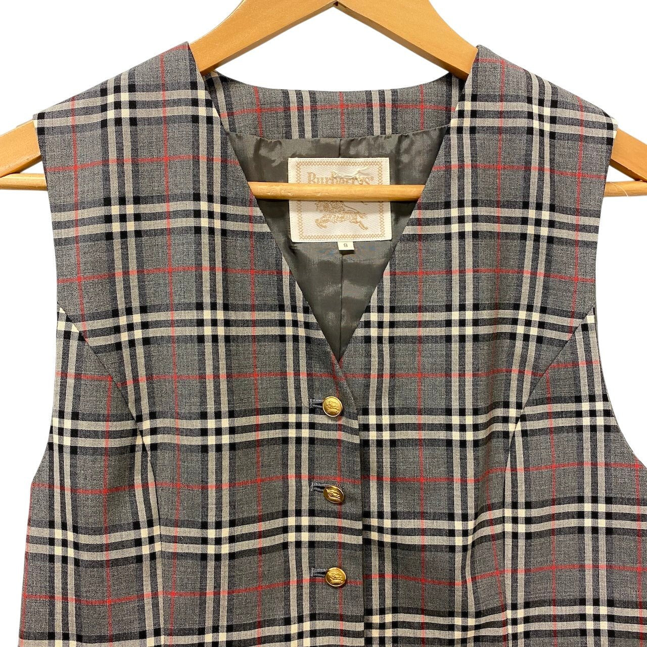 85g5 BURBERRYS バーバリーズ チェック柄 金ボタン ベスト ジレ 9 グレー ウール レディースo07t