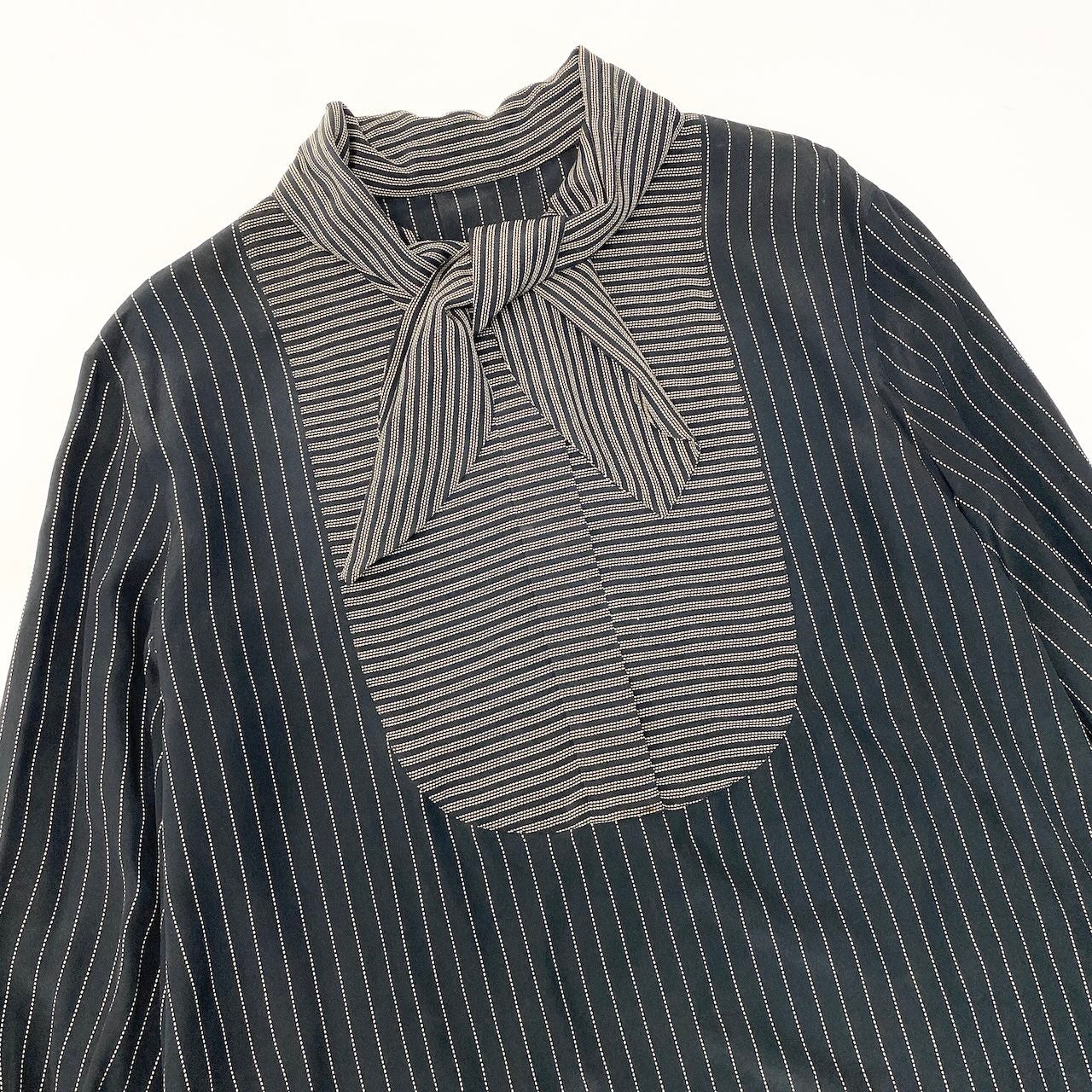 27e11 Christian Dior クリスチャンディオール ボウタイブラウス シルクシャツ ボーダー ストライプ トップス サイズM  ブラック ベージュ シルク100％ レディース 女性服o07t