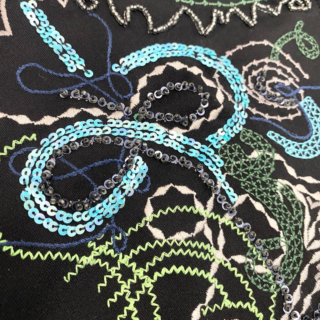 46a30 TOKUKO 1er VOL トクコプルミエヴォル ロングスリーブカーディガン チュニック丈 スパンコール 刺繍 ストレッチ○ レディース 9 ブラックu02t