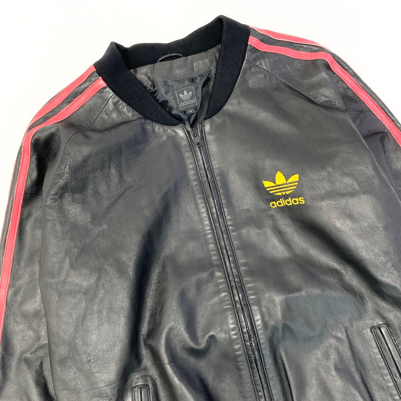 43e11 adidas アディダス 2002年 オリジナル レザージャケット ブルゾン トレフォイルロゴ Mサイズ ブラック ラムレザー メンズ 男性用k02i