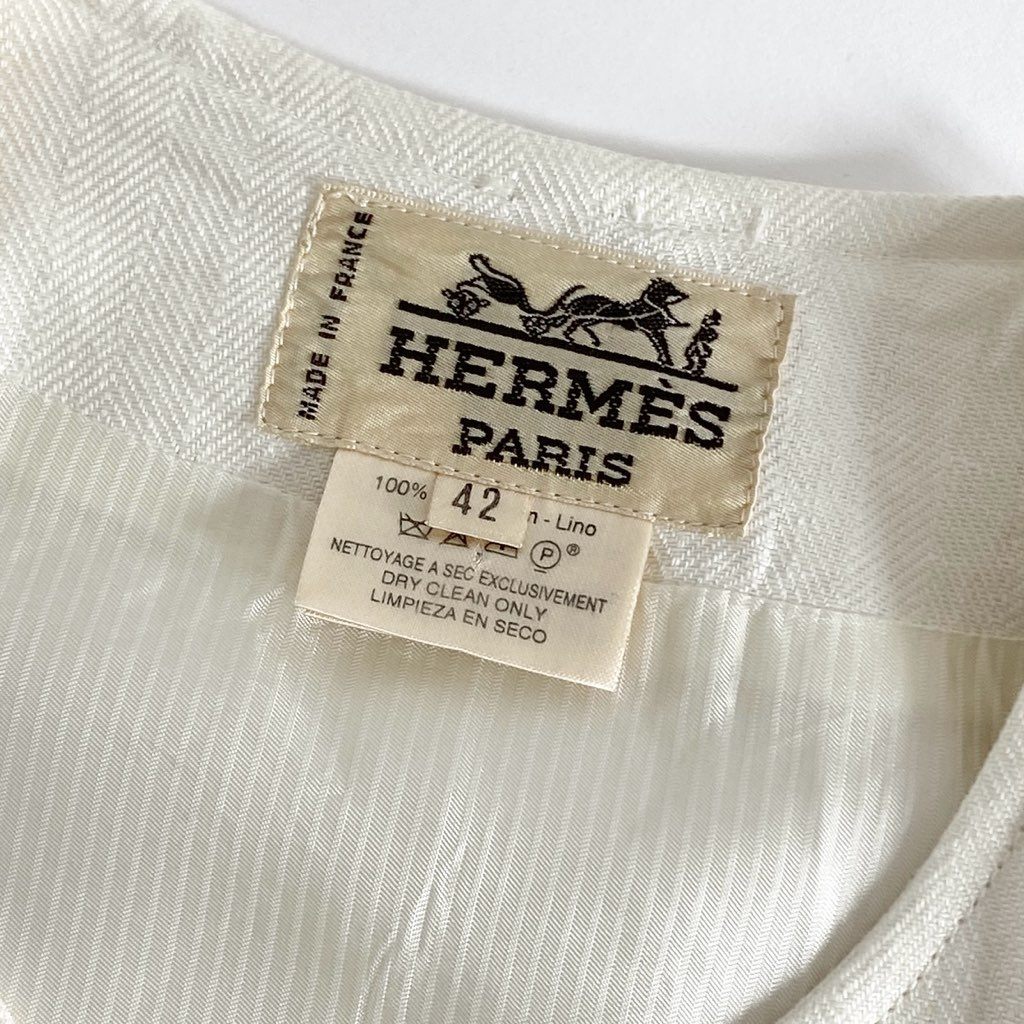 53e1 HERMES エルメス リネン ノーカラージャケット 42 アイボリー 麻100％ ブレザー フランス製 LINEN JACKET