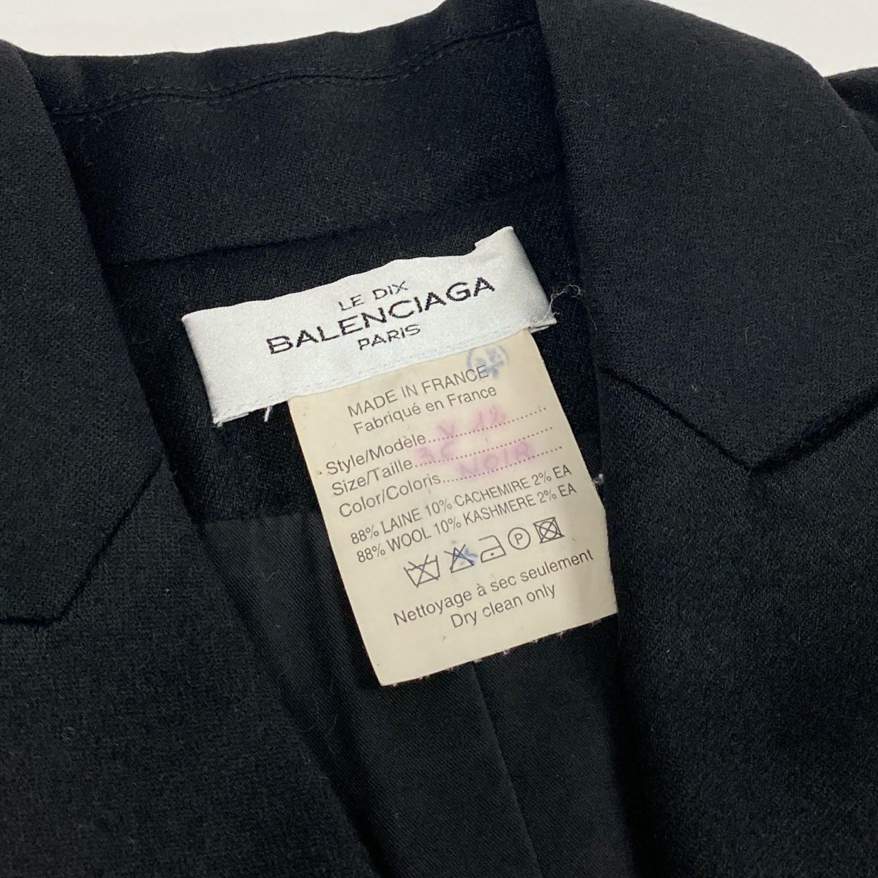 50a19 Vintage BALENCIAGA LE DIX バレンシアガ ボタンレス テーラードジャケット ロングジャケット ウールカシミヤ混 フランス製 レディース 女性用 36 ブラックu02t