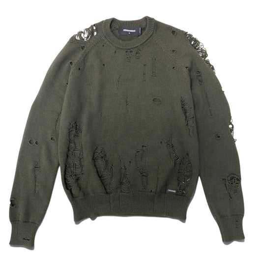 40i29 DSQUARED2 ディースクエアード クラッシュ加工 プルオーバー ニット セーター S74HA0946 Mサイズ カーキ ウール レディースo07t