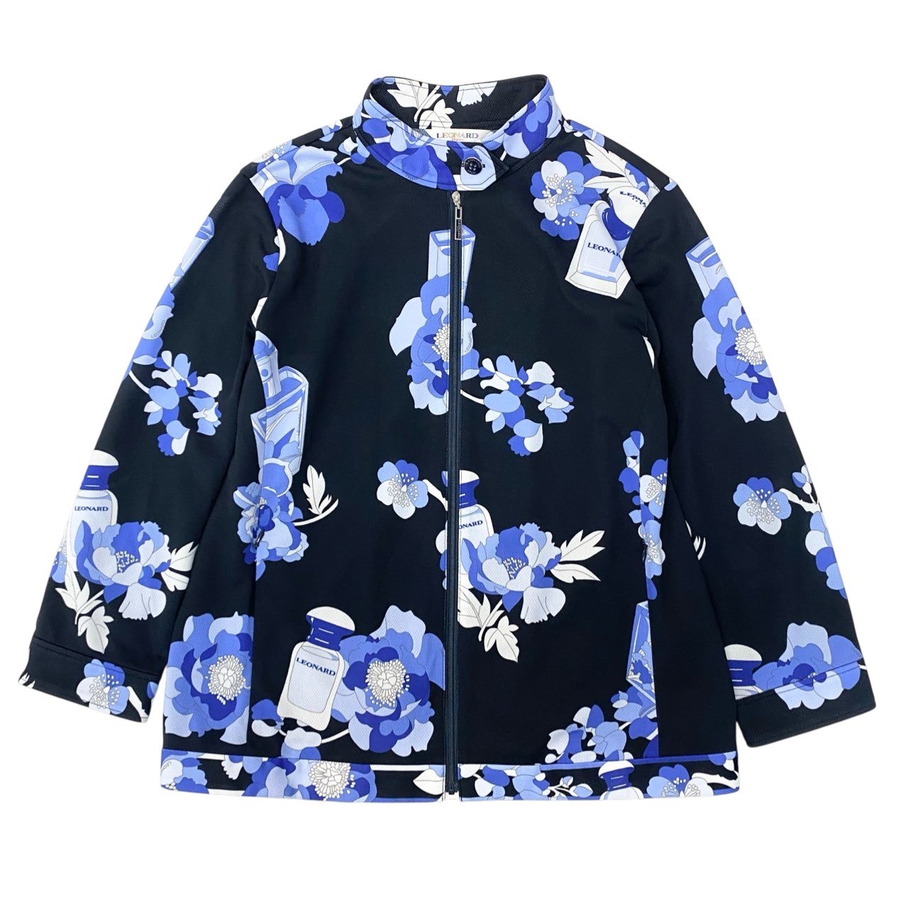 31b6 【美品】LEONARD SPORT レオナール スポーツ ジップアップジャケット ブルゾン 香水 花柄プリント 0578942 42サイズ ブラック ブルー ポリエステル100％ レディース 女性用u02t
