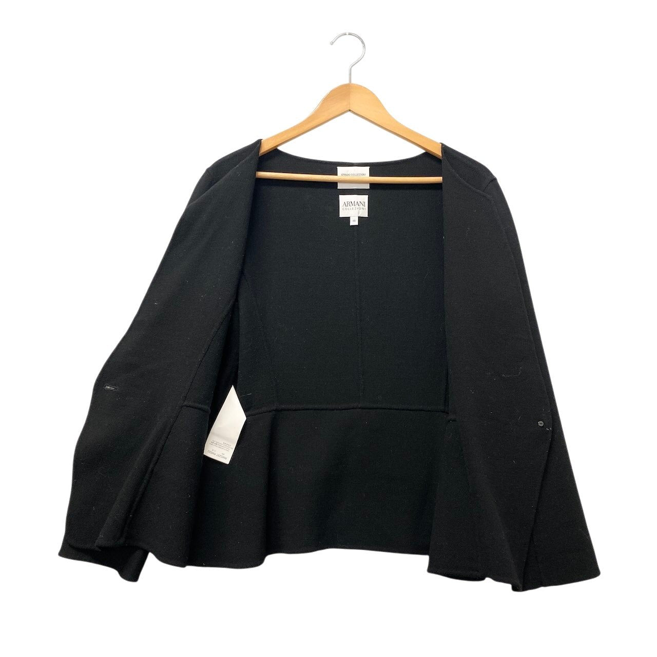 17f18 ARMANI COLLEZIONI アルマーニコレツィオーネ ノーカラージャケット 裾フリル サイズ48/2XL相当 ブラック ウール100％ レディース 女性用u02t