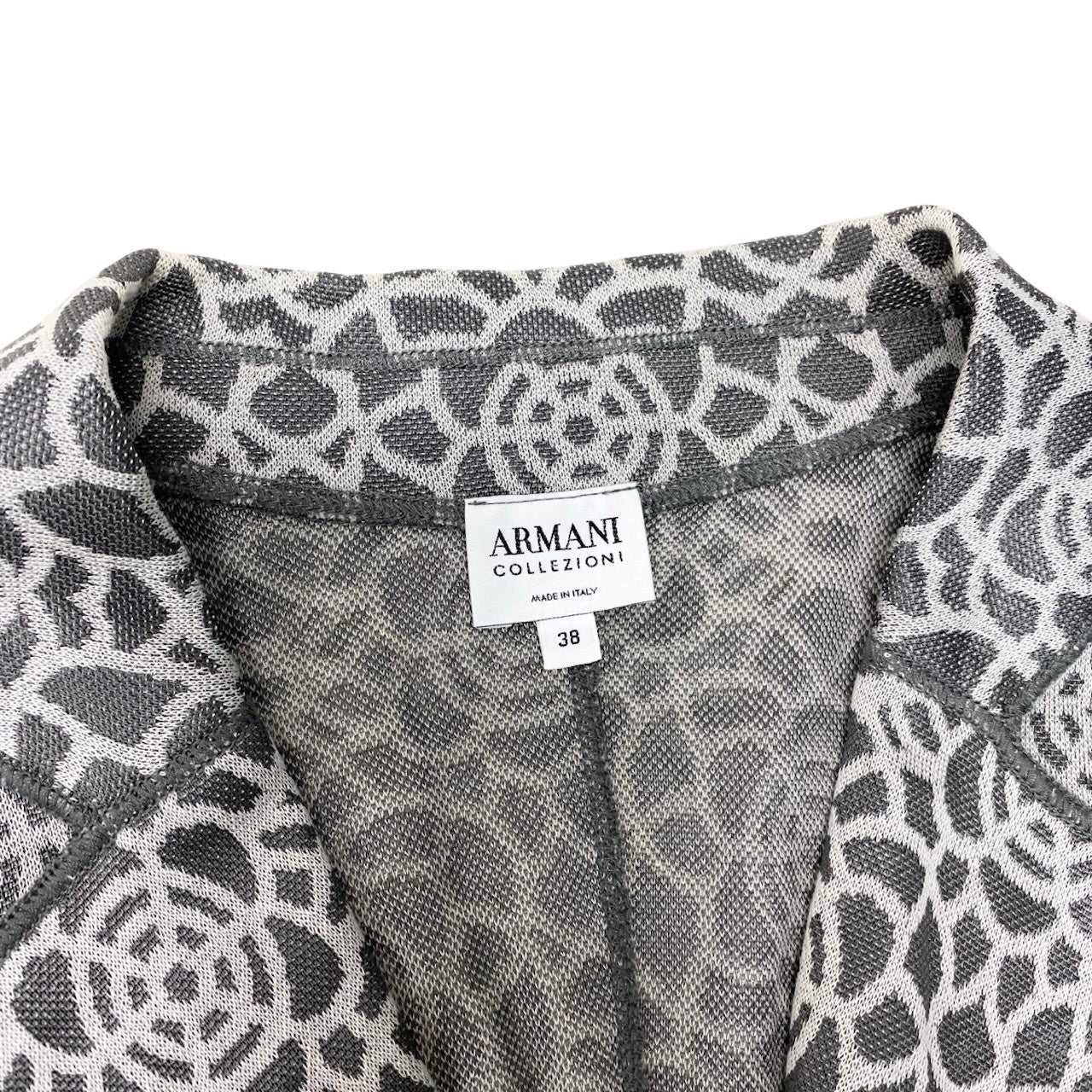 55h9 ARMANI COLLEZIONI アルマーニコレツィオーネ ニットジャケット ロングスリーブ カーディガン 総柄 サイズ38 グレー レディースu02t