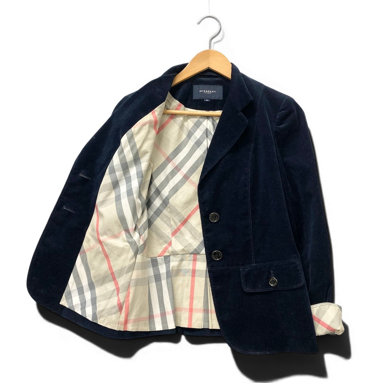 32e16 BURBERRY LONDON バーバリーロンドン コーデュロイジャケット ノバチェック ブレザー  FC315-702-28 36サイズ ネイビー レディース 女性用t18r