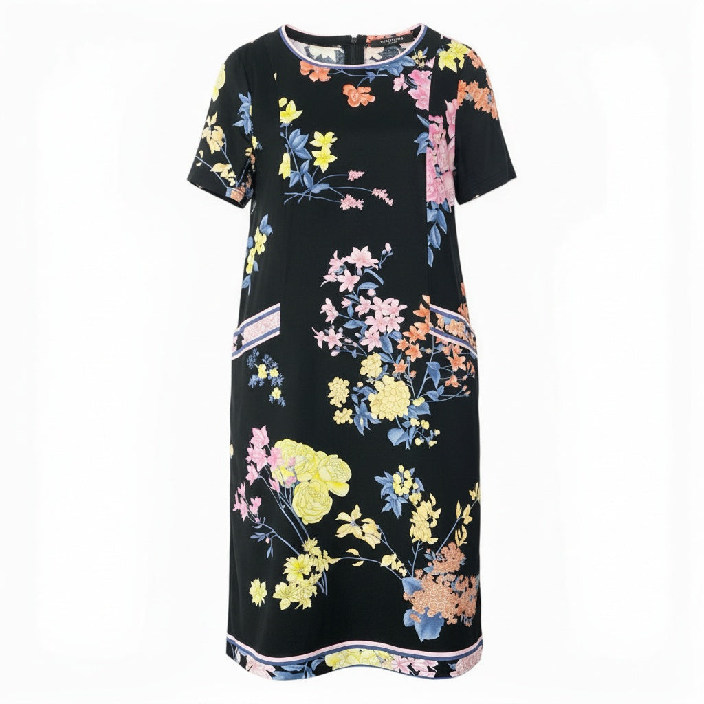 11b6【極美品】LEONARD レオナール 半袖ロングワンピース 美しい花柄プリント  0390613 42サイズ ブラック コットン100％ レディース 女性用u02t