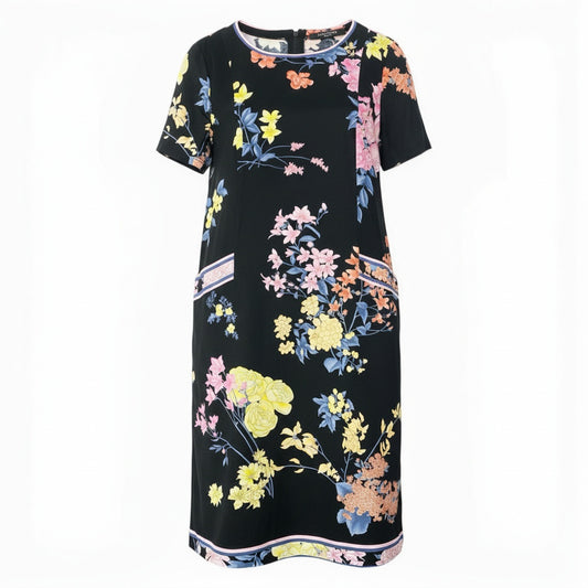 11b6【極美品】LEONARD レオナール 半袖ロングワンピース 美しい花柄プリント  0390613 42サイズ ブラック コットン100％ レディース 女性用u02t