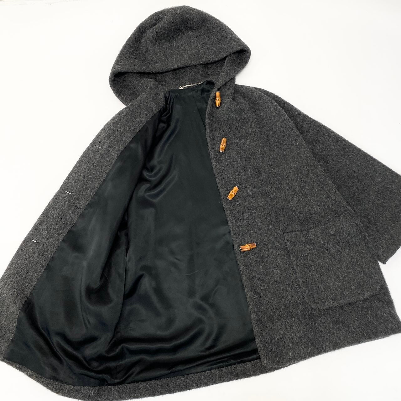 49d5 GUCCI ヴィンテージ グッチ バンブー オーバーコート フーディコート アルパカ100 サイズ40 グレー ユニセックスk02i