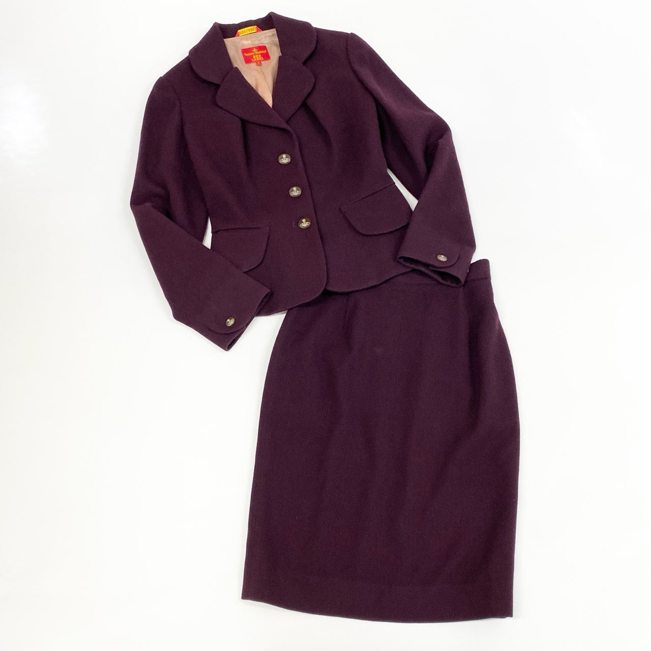 60j27《美品》Vivienne Westwood ヴィヴィアンウエストウッド スカートセットアップ ウール ジャケット スカート オーブ  357-01-47507 3サイズ ボルドー レディースu02t