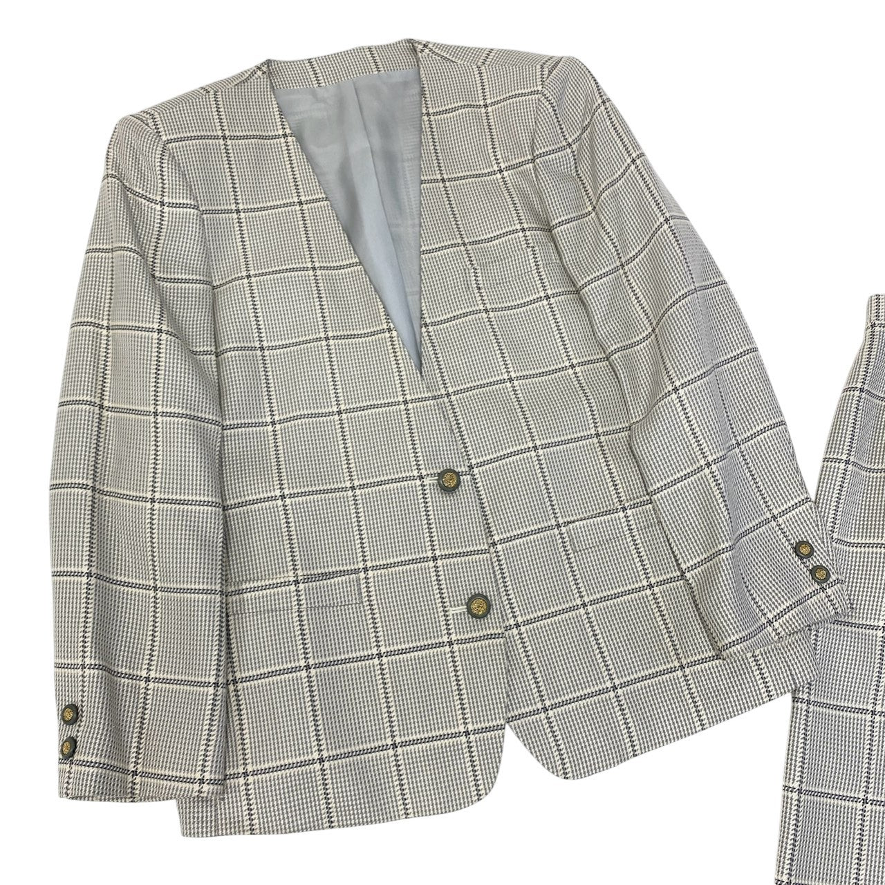 5c5 Vintage Burberrys バーバリーズ スカートスーツ セットアップ 装飾ボタン ノーカラー 11 グレー系 チェック レディースu02t