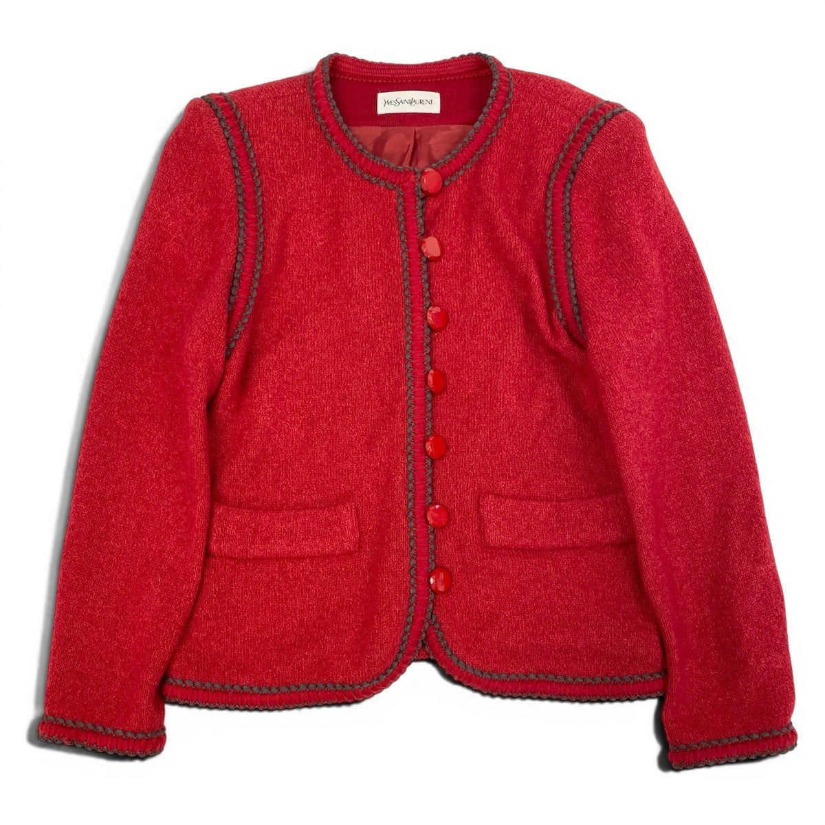 78f2 YVES SAINT LAURENT イヴサンローラン ノーカラー ニットジャケット ニットカーディガン ウールブレンド サイズM レッド レディース 女性服o07t