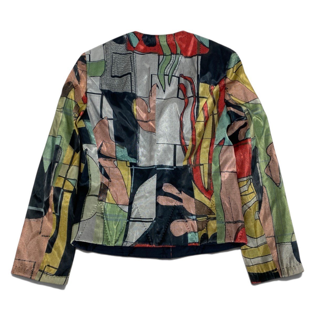 78j6 【美品】GIORGIO ARMANI ジョルジオアルマーニ ノーカラージャケット  アートプリント イタリア製 38サイズ マルチカラー レディース 女性用u02t