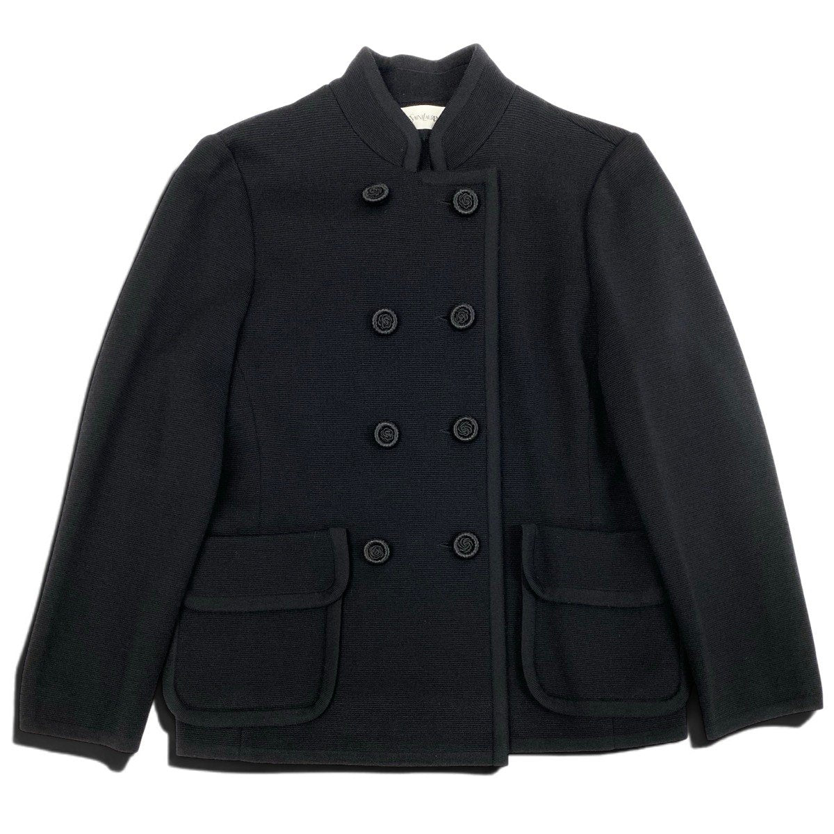 Eh6 Yves Saint Laurent イブサンローラン ノーカラージャケット ヴィンテージ ダブルボタン ニットジャケット 花モチーフボタン STS4A801 M ブラック ウール100％ レディース 女性用o07t