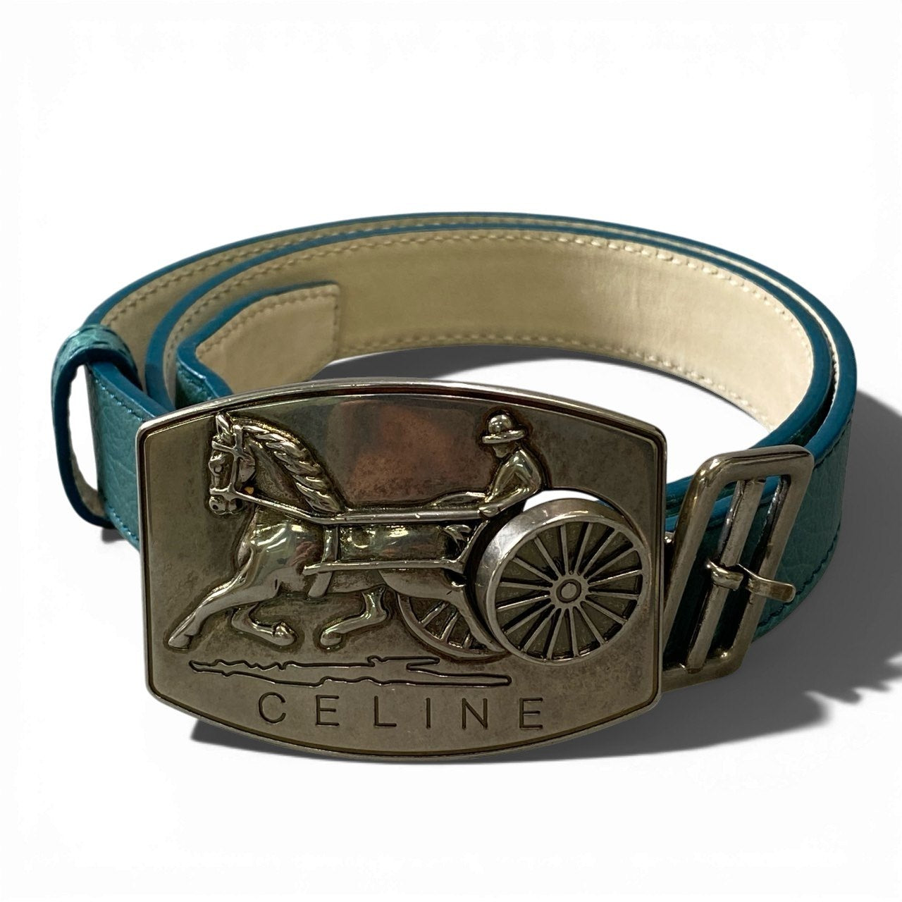 a6 CELINE セリーヌ ベルト 馬車 ロゴバックル イタリア製 M グリーン レザー 本革 レディースk02i