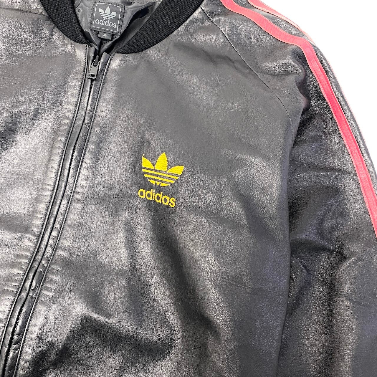 43e11 adidas アディダス 2002年 オリジナル レザージャケット ブルゾン トレフォイルロゴ Mサイズ ブラック ラムレザー メンズ 男性用k02i