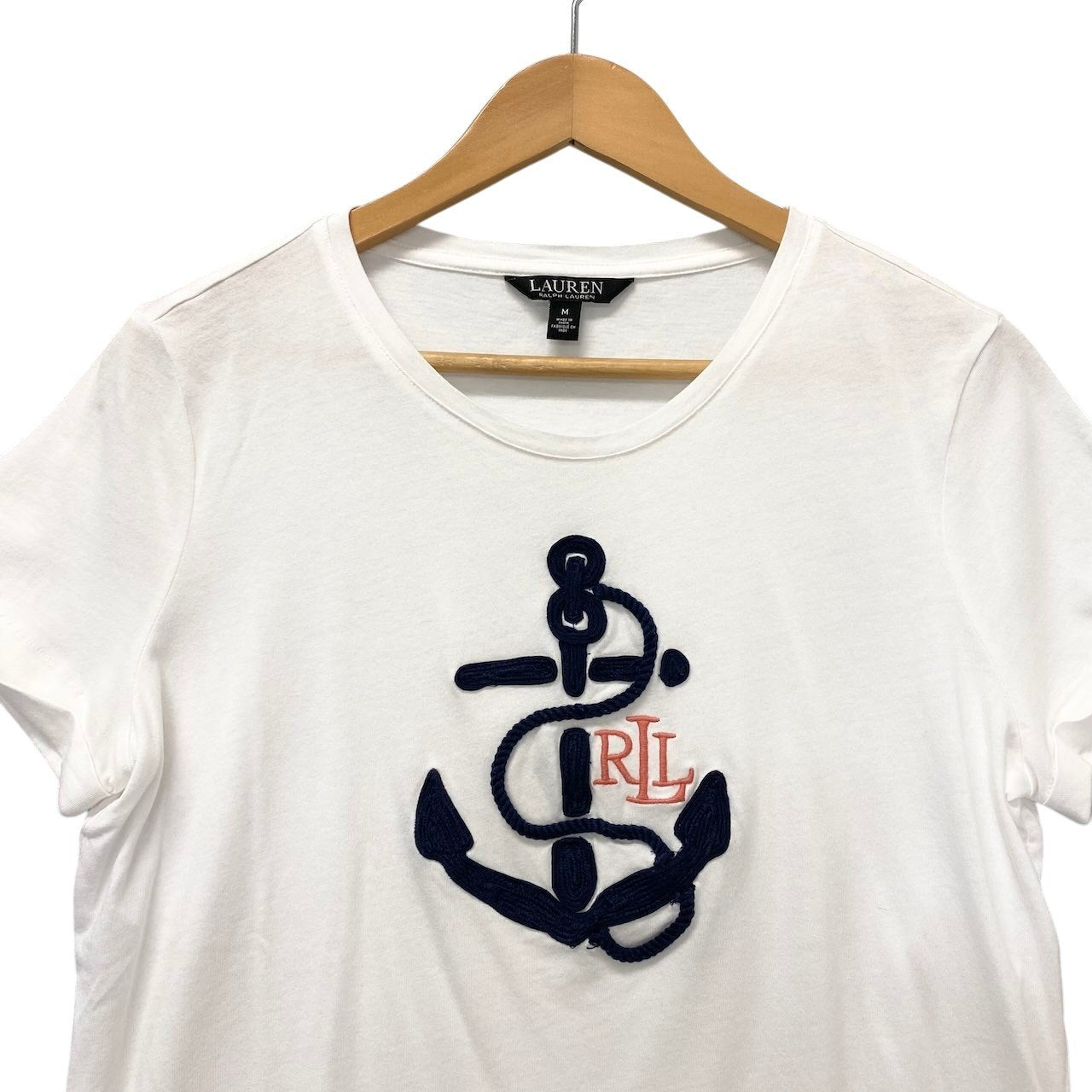 67c31 LAUREN RALPH LAUREN ローレンラルフローレン 半袖Tシャツ Slim Fit スリムフィット 刺繍デザイン トップス Mサイズ ホワイト レディース 女性用u02t