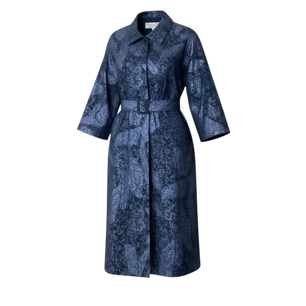 56i16 Christian Dior クリスチャンディオール スタンドカラーコート ロングコート ベルト付 総柄 サイズ7 ネイビー コットン100％ レディースo07t
