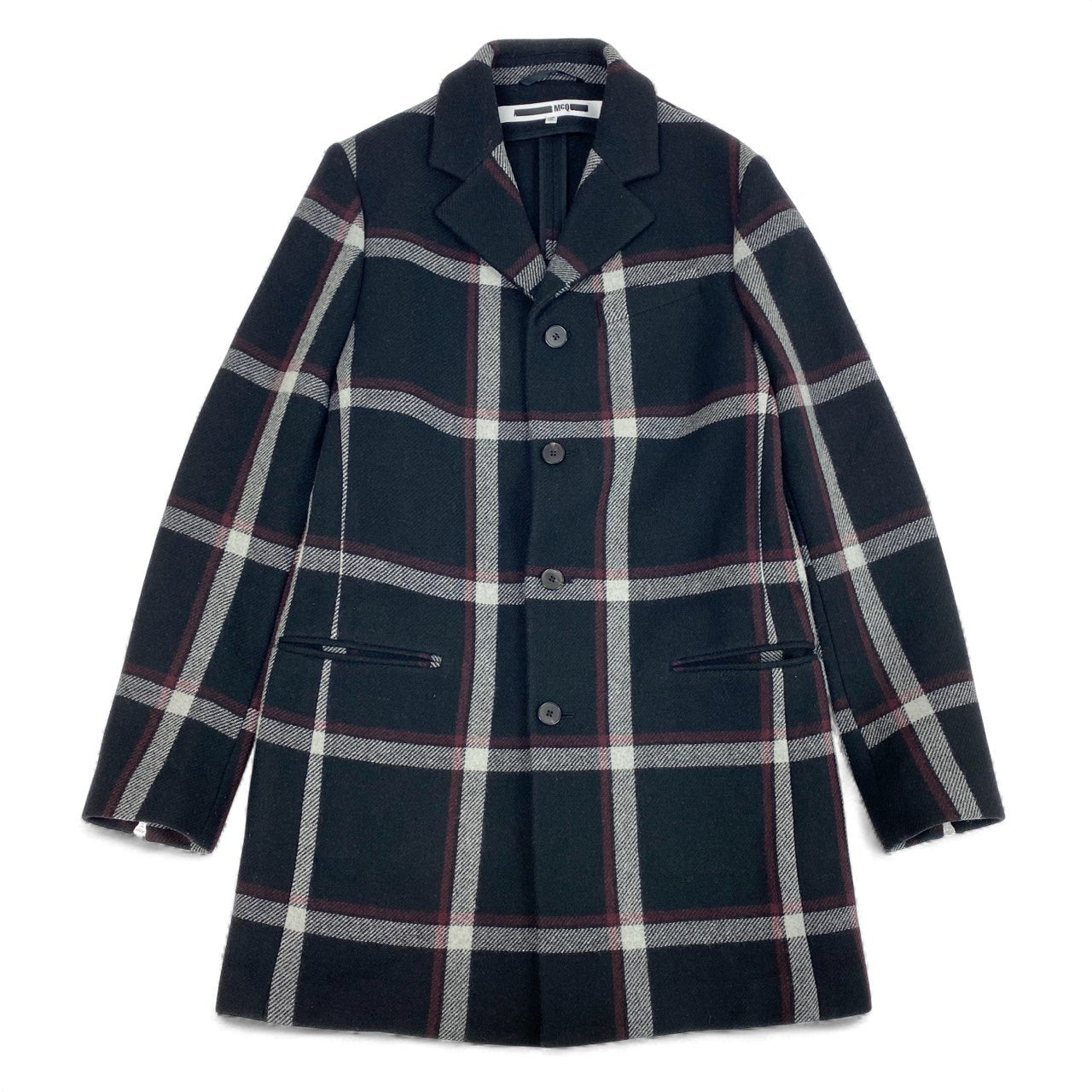 5L17 McQ Alexander McQueen マックキュー アレキサンダーマックイーン チェック柄 チェスターコート アウター COQN-LA-2007 46 ブラック ウール メンズo07t