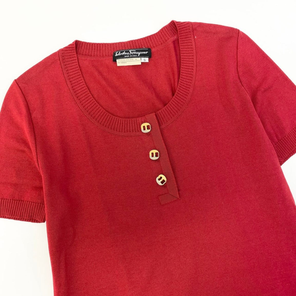 59d28 Salvatore Ferragamo サルヴァトーレフェラガモ 半袖 ニットポロシャツ クルーネック ニットセーター トップス サイズS レッド コットン100％ レディース 女性用u02t