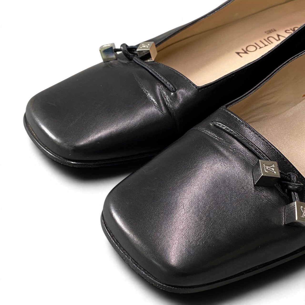 e4 LOUIS VUITTON ルイヴィトン スクエアトゥ ヒールパンプス ローヒール ロゴキューブ レザー 36 1/2 ブラック レディース 女性靴o07t