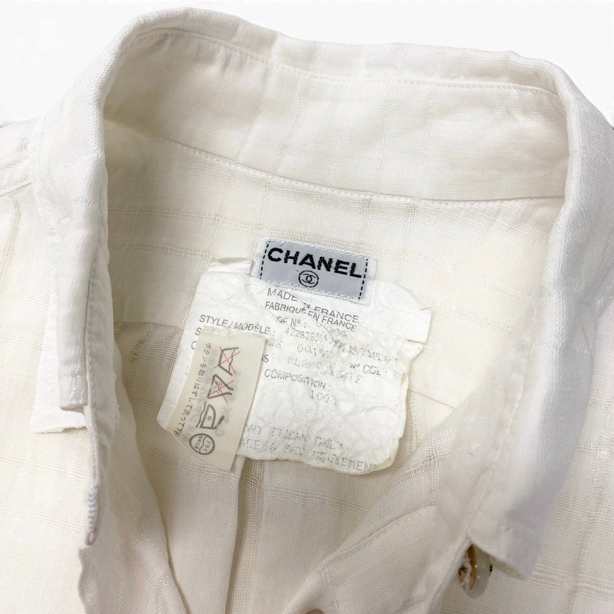 Cf11 CHANEL シャネル 90's ココマークボタン ロングスリーブ リネンシャツ チェック柄 サイズ38 ホワイト リネン100％ レディース メンズ可k02i