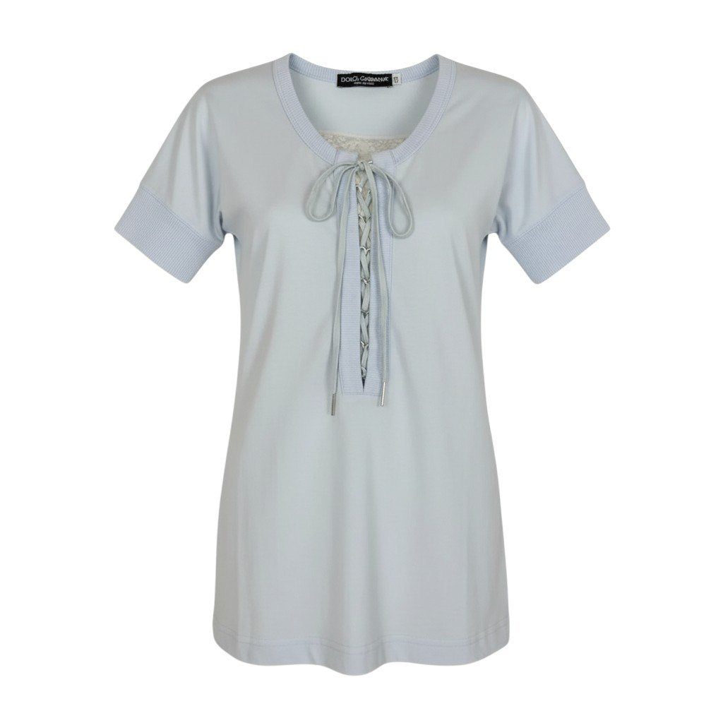 i21 DOLCE＆GABBANA 00's レースアップTシャツ プリントデザイン トップス 38サイズ ライトブルー レディース 女性用u02t