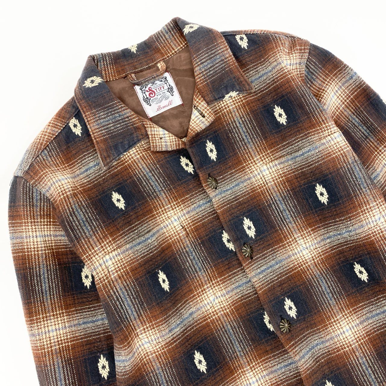 27L1 STIFF スティッフ 長袖 チェックシャツ ネルシャツ コンチョ ネイティブ柄 刺繍  S ブラウン ネイビー オフホワイト コットン100％u02t