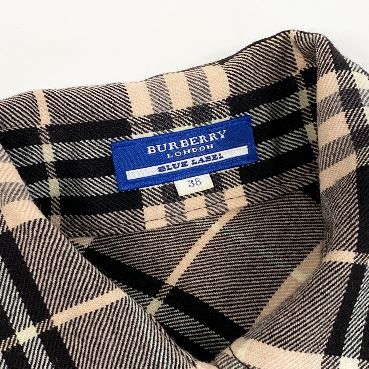 Ie25 BURBERRY LONDON BLUE LABEL バーバリーロンドン ブルーレーベル チェックシャツ 膝丈ワンピース 7分袖 サイズ38 ブラウン系 ピンク ウール100％ レディース 女性服o07t