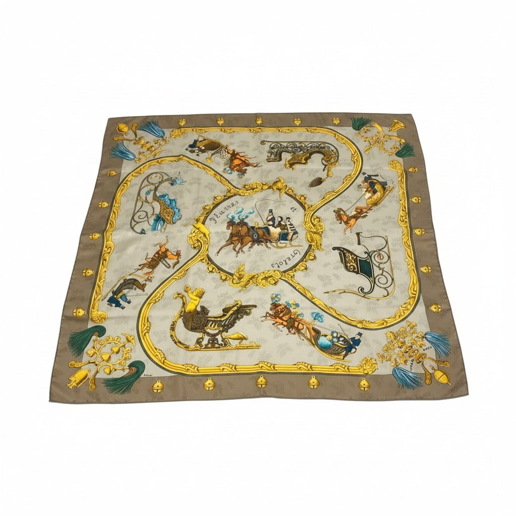 e8 《美品》 HERMES エルメス カレ90 羽飾りと鈴 スカーフ Carre 90 Plumes et Grelots ベージュ Silk 100％t18r