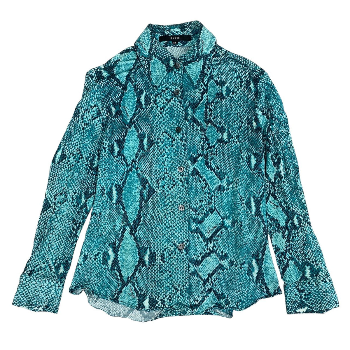 Ei20 GUCCI グッチ 2000 トムフォード期 Y2K パイソン柄 長袖シャツイタリア製 38 ブルー レーヨン レディースo07t