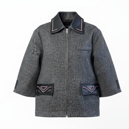 30a9 【美品】 PRADA プラダ ウールジップジャケット ロングジャケット 三角ロゴ トライアングルデザイン  レディース 女性用 38 グレーo07t