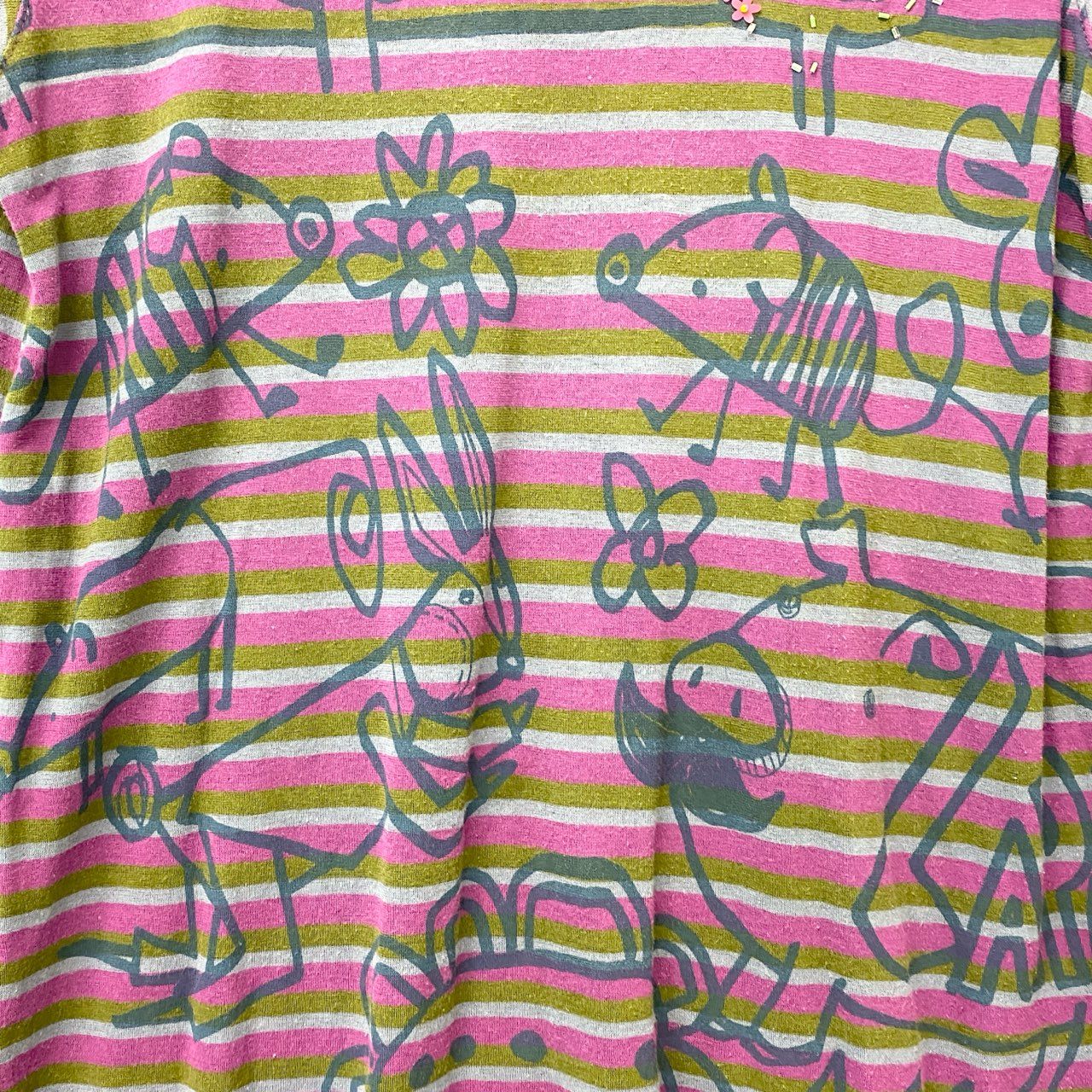 44b18 OLLEBOREBLA オレボレブラ 半袖Tシャツ チュニックワンピース ボーダー ビーズ装飾 ブタさん フラワモチーフ レディース マルチカラーo07t