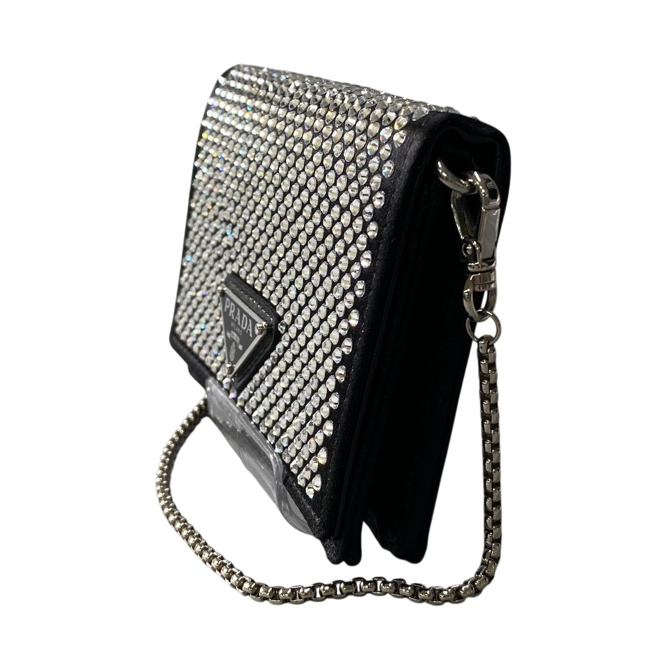 PRADA プラダ ラインストーン フラップカードホルダー ミニバッグ ブラック シルバー レディースta1