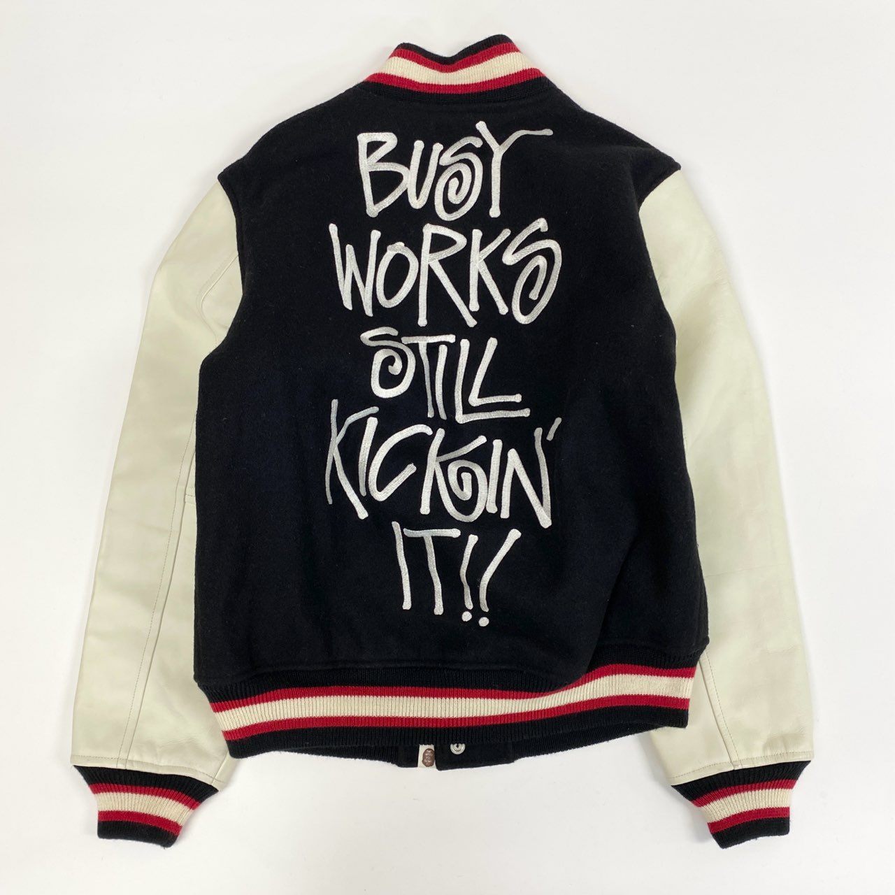 86j23 A BATHING APE x STUSSY ア ベイシング エイプ ステューシー コラボ VARSITY JACKET スタジャン ロゴワッペン レザー切替 001HJ0731927X Mサイズ ブラック ウール レザー メンズo07t