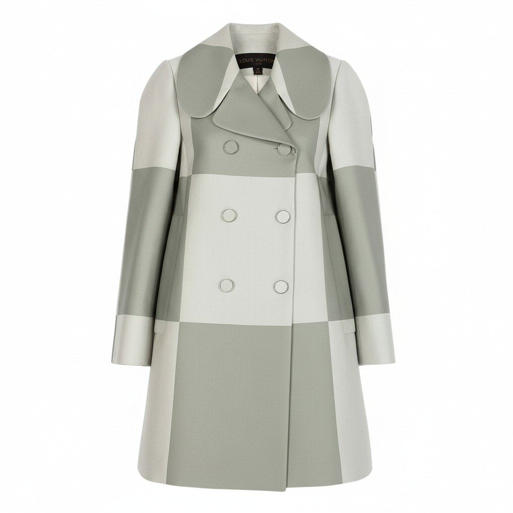 c31 《未使用品》 LOUIS VUITTON ルイヴィトン シルクブレンド ブロックチェック ダブルコート Silk Blend Block Check Double Coat 34 ホワイト グレー タグ付t18r