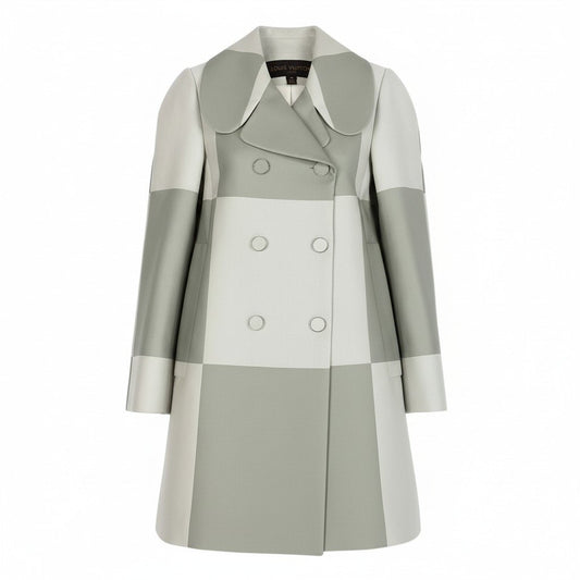c31 《未使用品》 LOUIS VUITTON ルイヴィトン シルクブレンド ブロックチェック ダブルコート Silk Blend Block Check Double Coat 34 ホワイト グレー タグ付t18r