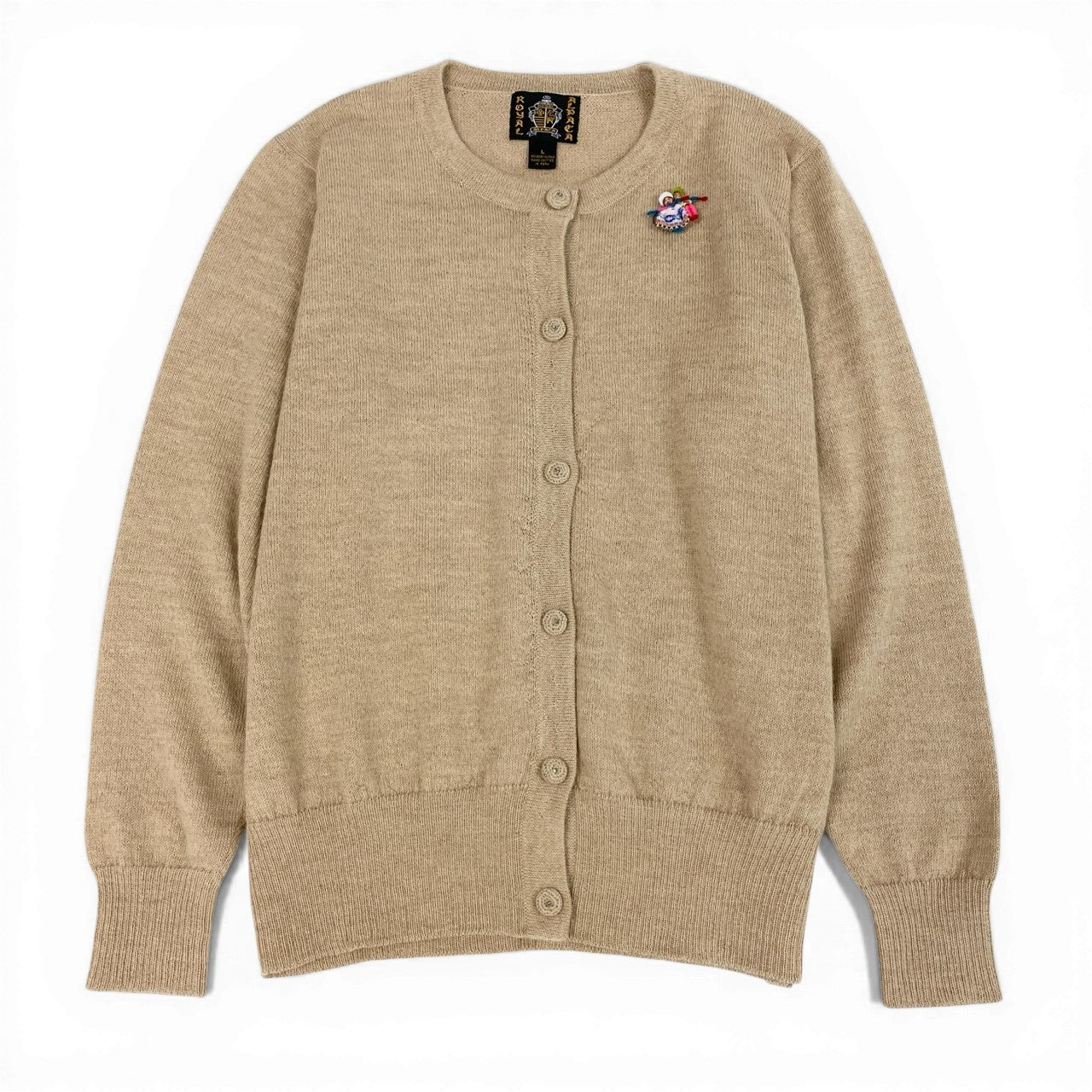 63d13 ROYAL ALPACA ロイヤルアルパカ ニットカーディガン ロングスリーブ レディース 女性用 サイズL ベージュ ベビーアルパカ100％ レディース 女性用u02t